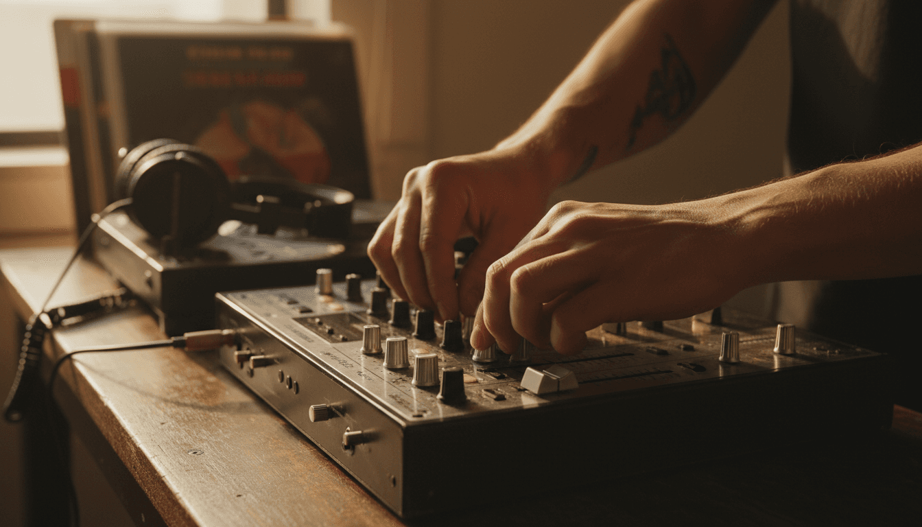 Detailaufnahme von professioneller DJ-Ausrüstung und Mischpult