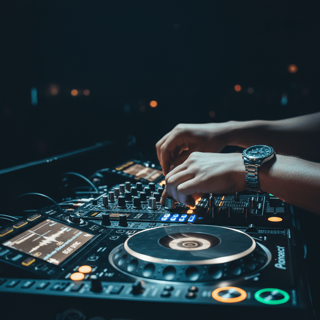 Detailaufnahme von DJ-Equipment während eines Live-Sets