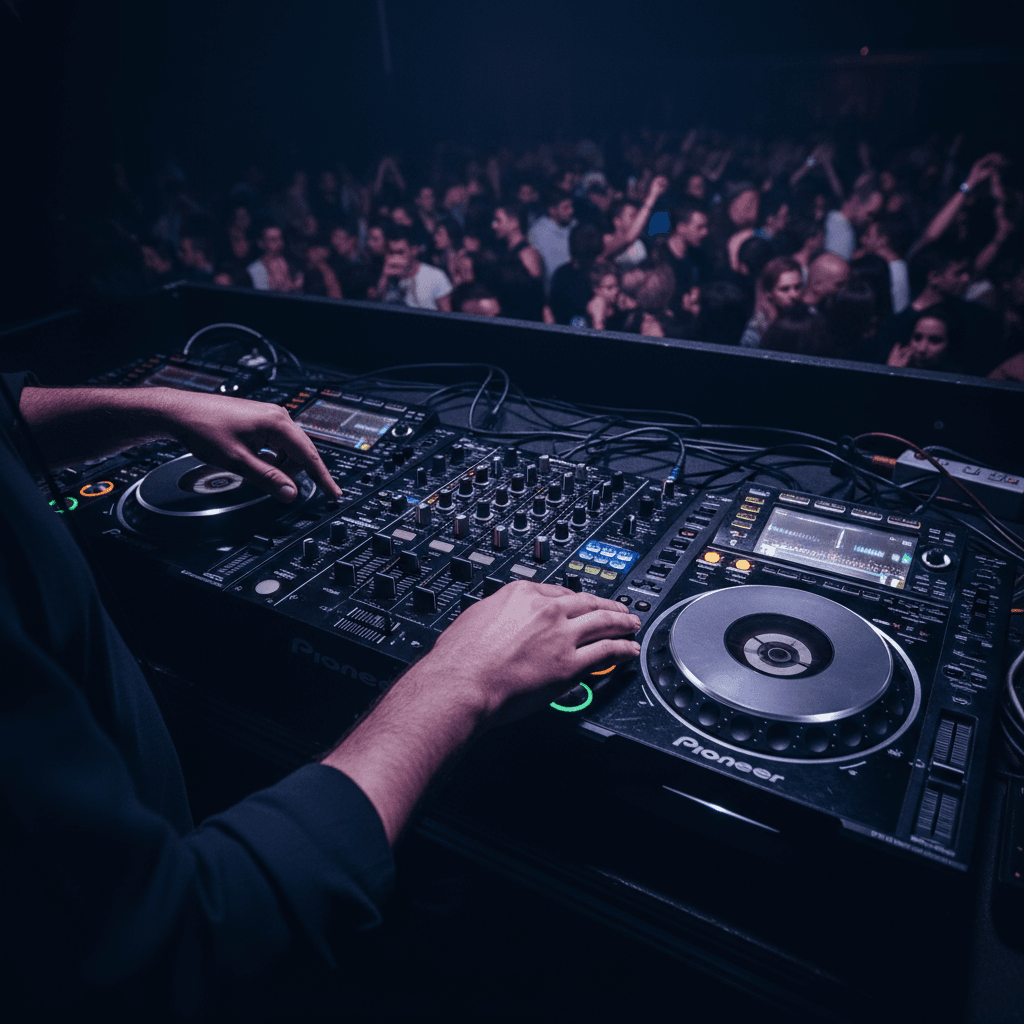 DJ bei professionellem Live-Set in Club-Atmosphäre
