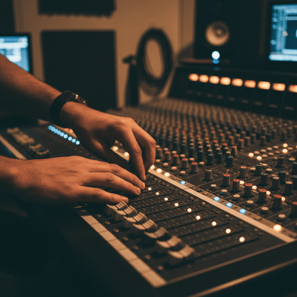 Sound engineer's hands adjusting analog mixing console faders in professional studio with warm directional lighting