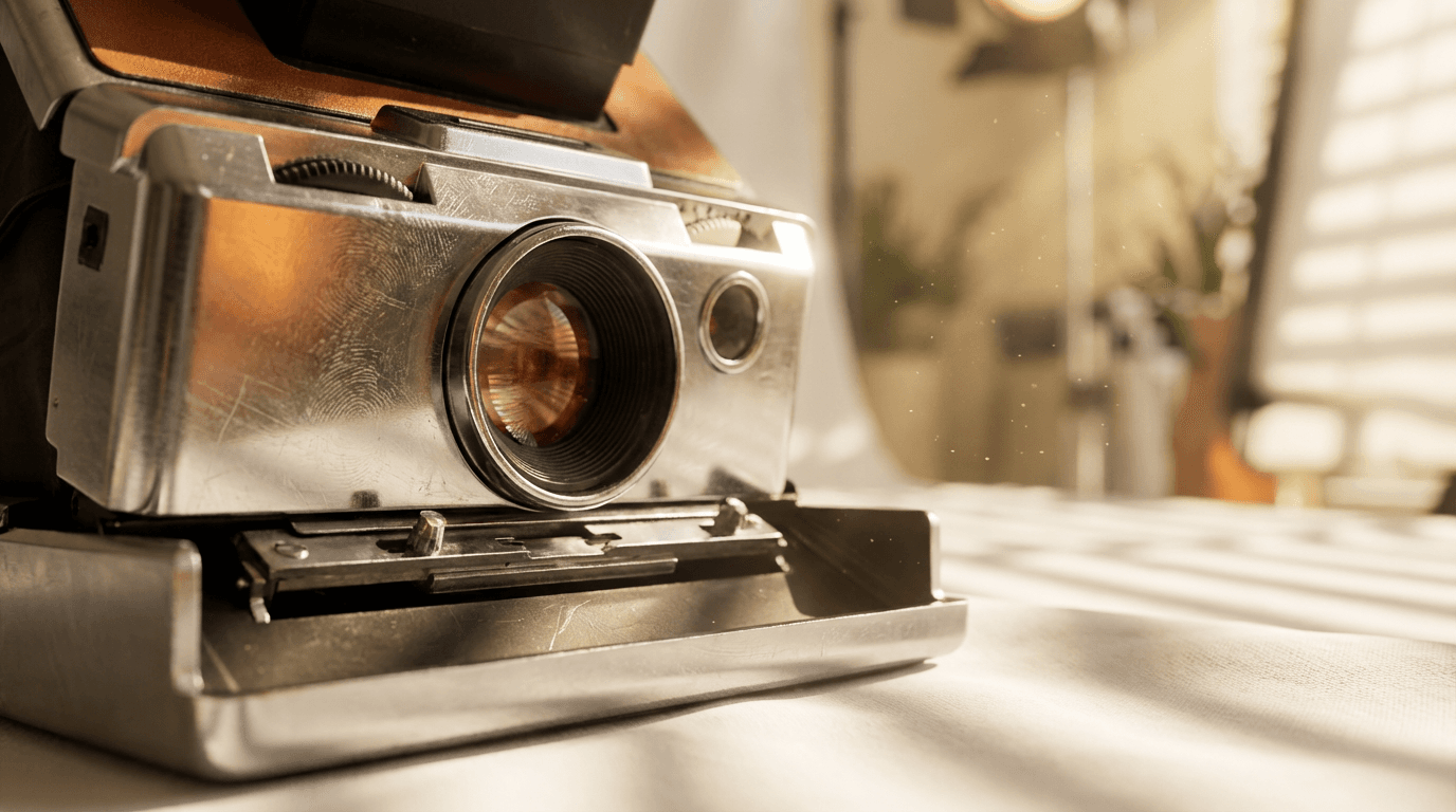 Vintage instant camera with polished chrome lens in bright studio light, shadows and dust motes dancing