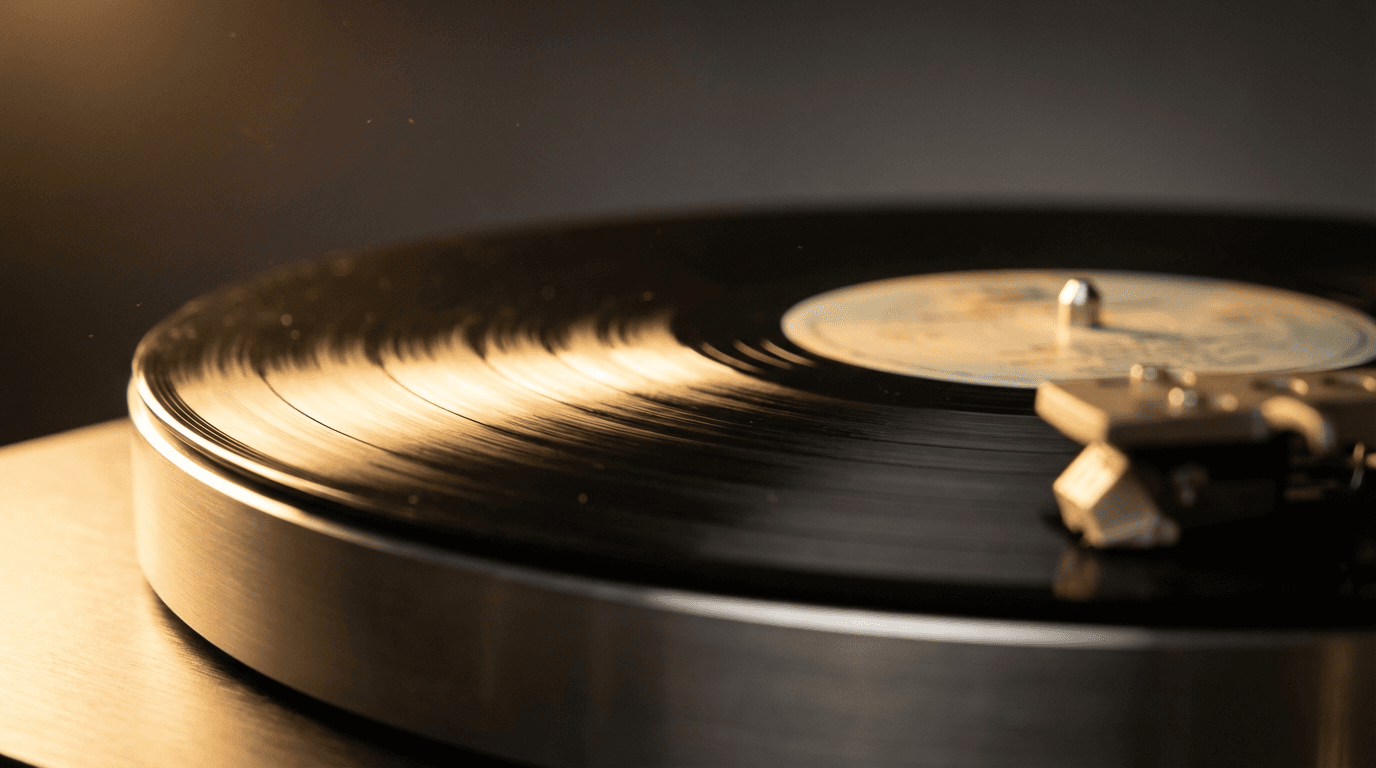 Spinning vinyl record with warm golden studio lighting reflecting off grooves, macro close-up shot.